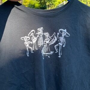 Black T-Shirt with Dancing Skeletons Graphic